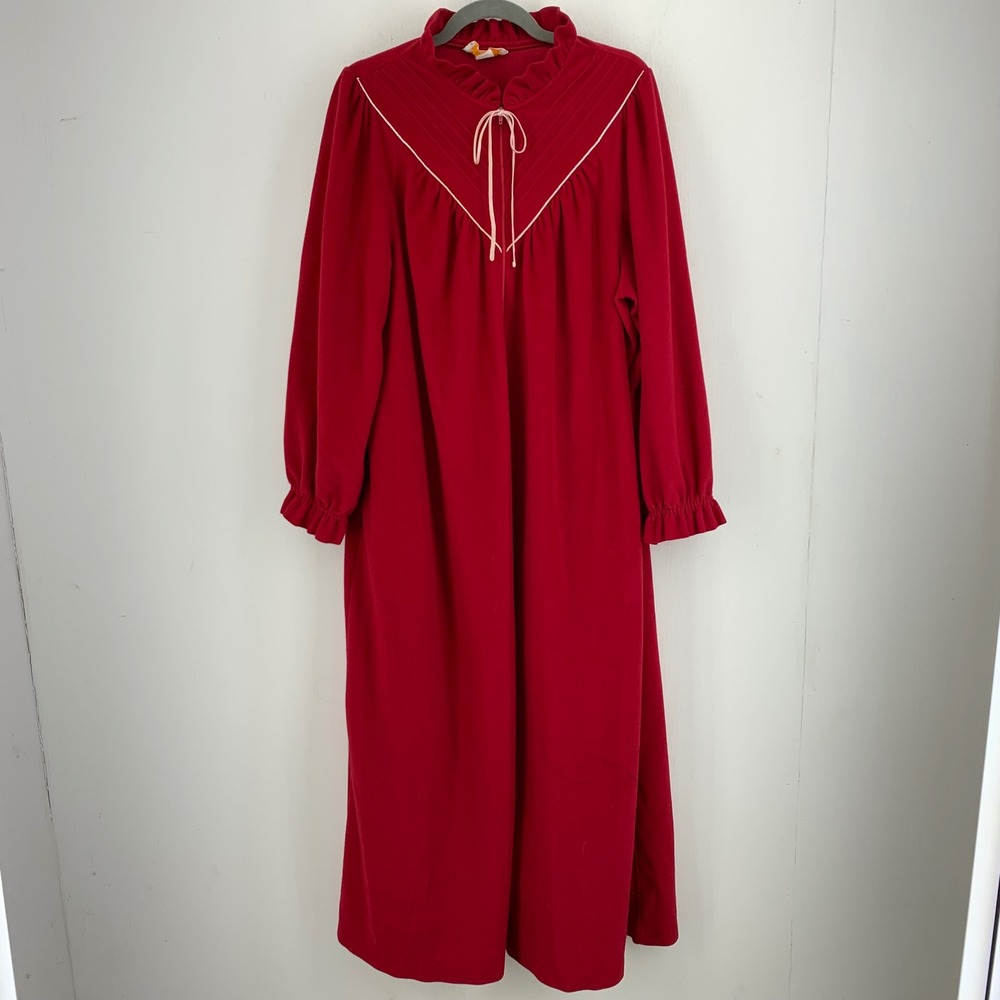 Vintage Sears HomeWear Red Velour Ruffle Neck Nightgown Robe ILGWU USA Union XL